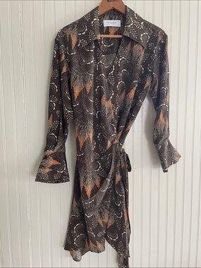 Equipment Femme Silk Brown Floral-Print Wrap Dress with Orange Accents XS